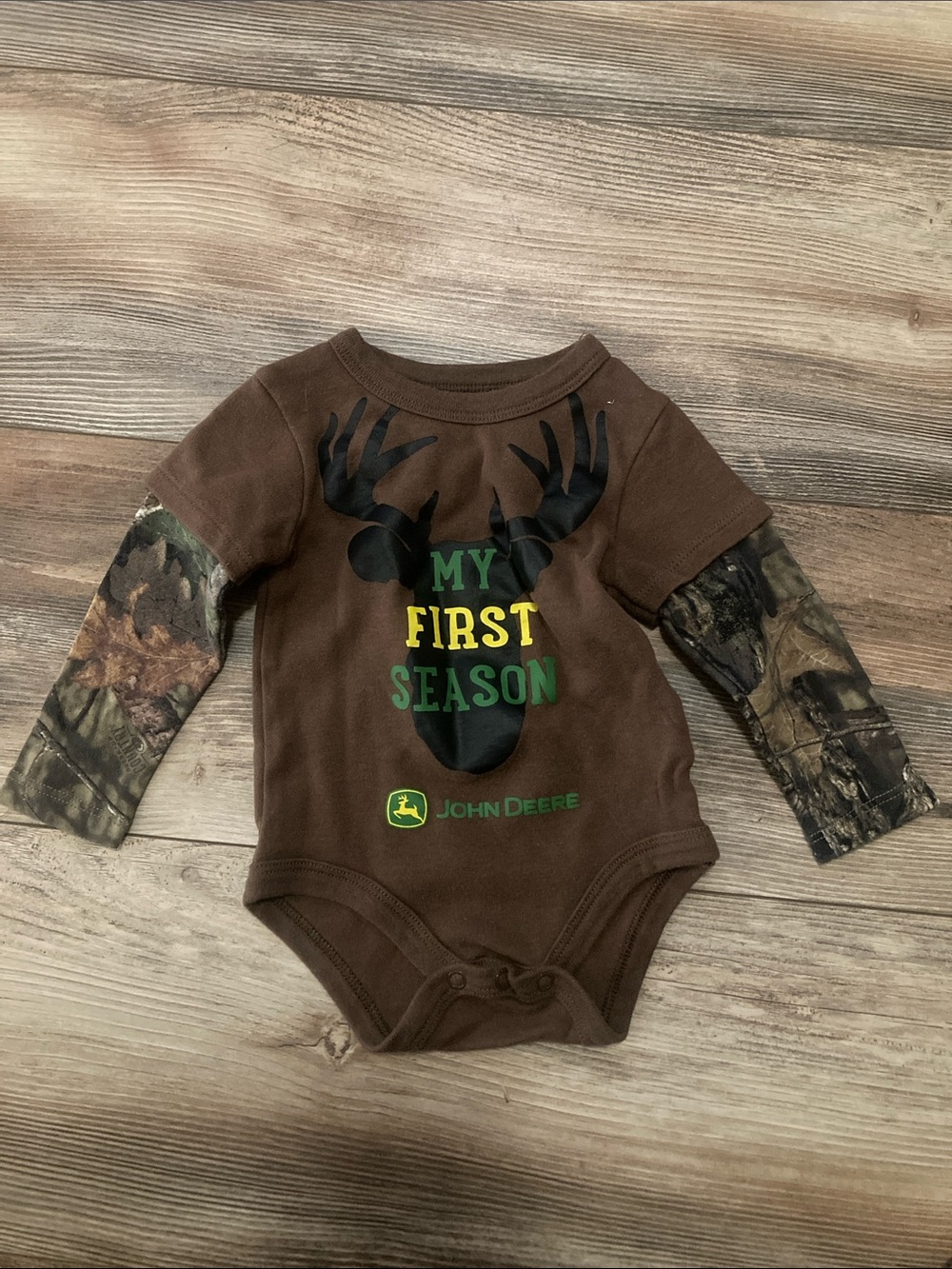 John Deere My First Season Hunting Can Longsleeve Onesie Size 3/6 months